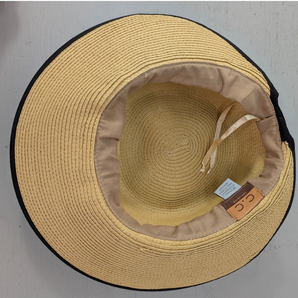C.C Exclusives Women Tan Straw Sun Hat‎ Wide Brim Black Ribbon Trim Vacay Size L - Picture 4 of 4